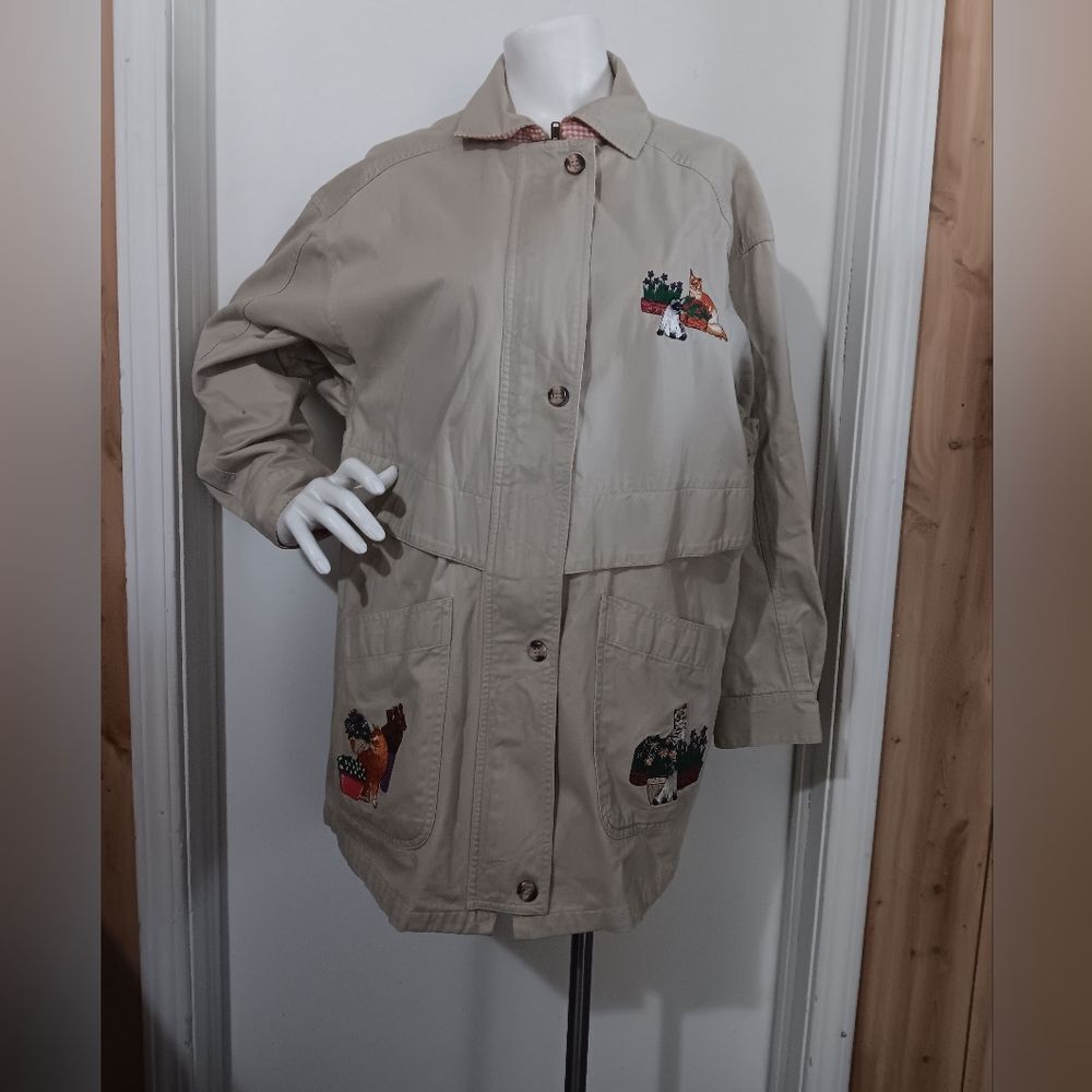 Casey Coleman Cotton Beige Zip-Up Embroidered Cats Women Jacket Sz S-M